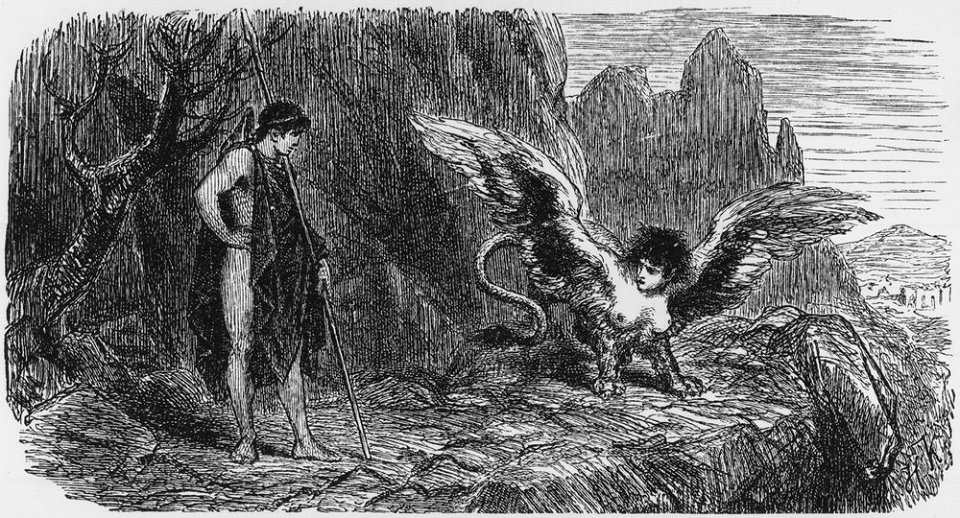 Ödipus und die Sphinx, Holzstich nach einer Zeichnung von Hermann Knackfuß